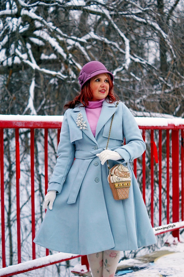 Winnipeg Style Fashion stylist, canadian blogger, Chicwish baby blue Mary Poppins inspired vintage style coat, Flared belted wool blend dress fall winter coat, outerwear, Mary Frances Ice cream beaded scoop bag handbag clutch, Tabbisocks rose print pink cream Japan tights, Nine West purple bell wool hat